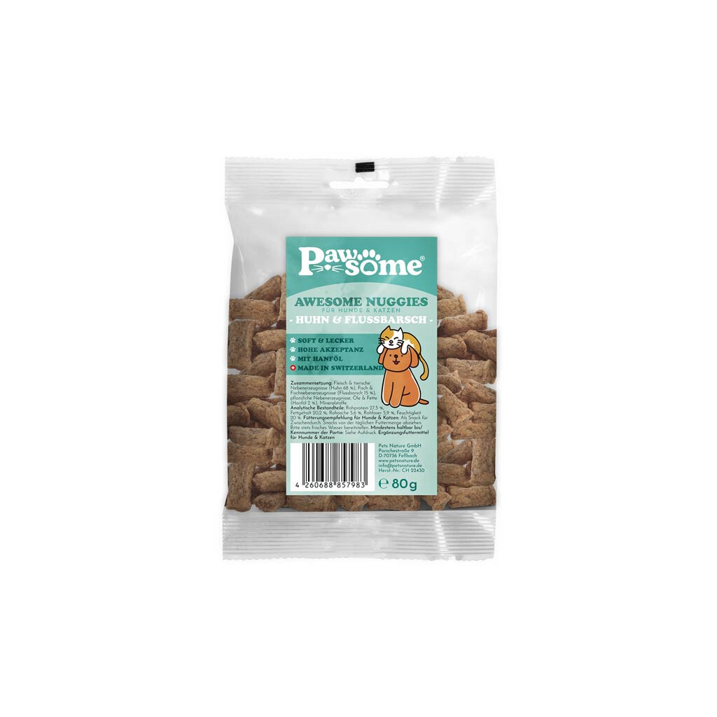 PAWSOME Leckerli AWESOME NUGGIES HUHN & FLUSSBARSCH für Hunde 80g